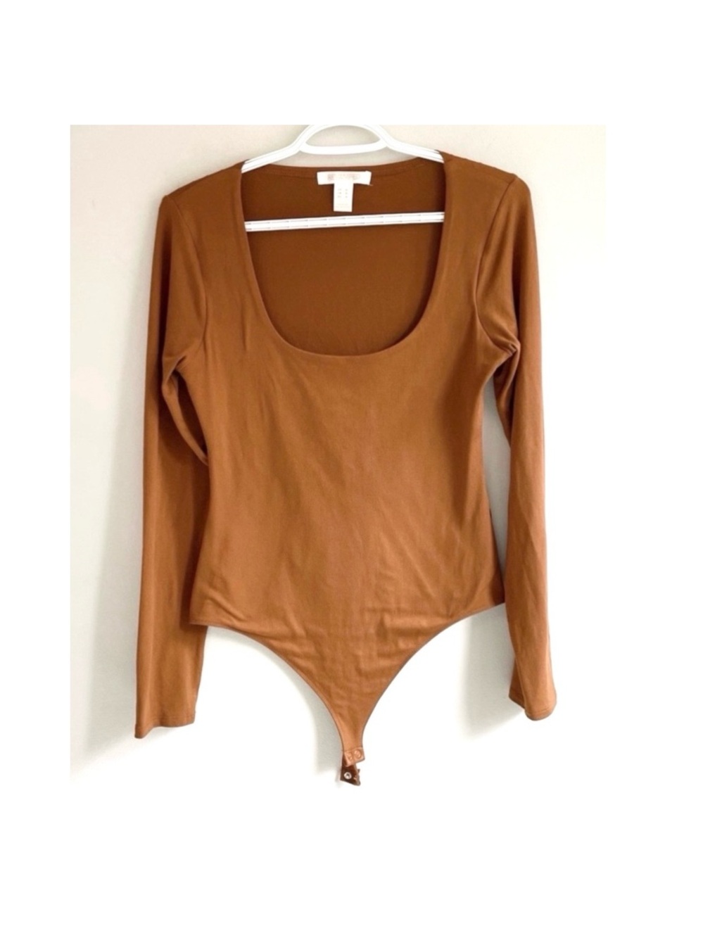 LONG SLEEVE SCOOP NECK THONG BODYSUIT REVAMPED RUST BROWN AUTUMN ORANGE STRETCH